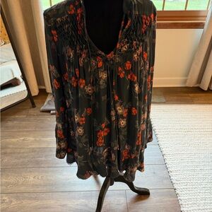 Free People Navy and Red Floral Top